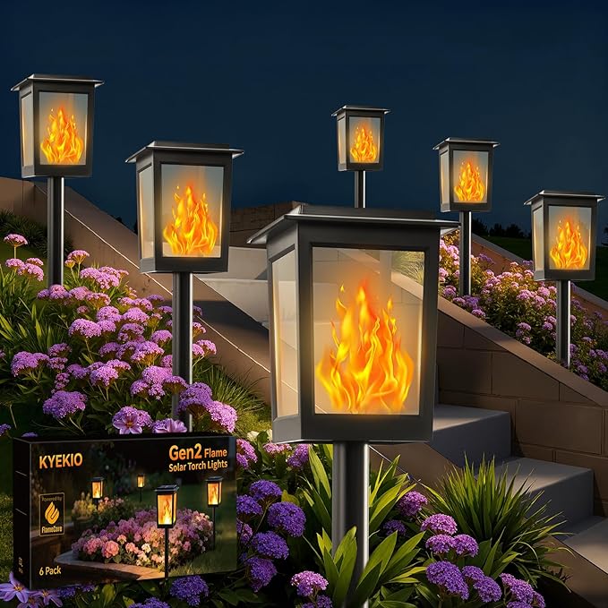 KYEKIO Gen2 Flickering Flame Solar Torch Lights, Large Solar Lights Outdoor | Waterproof for Halloween Decorations, Square Garden Lights Solar Powered, LED Tiki Torches for Outside, Yard Decor, 6 Pack