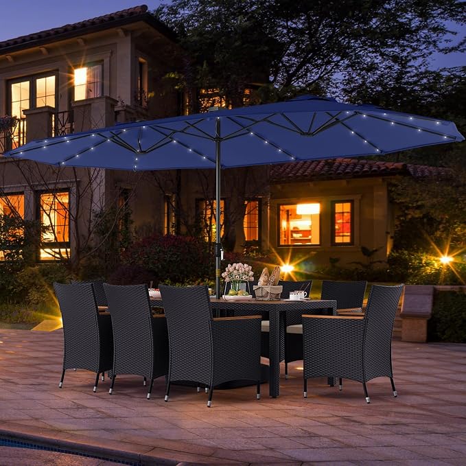 Tangkula 11 Pieces Patio Dining Set with Double-Sided Led Patio Umbrella (Base Included), with 8 Stackable Chairs, Acacia Wood Dining Table and Large Umbrella with Solar Lights (Navy + Off White)