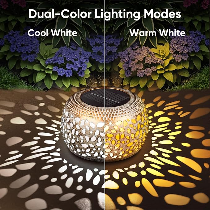 Solar Lanterns Outdoor Waterproof: 2 Pack White Gold Metal Patio Lights | 2 Lighting Colors, Unique Flower Pattern Projection, Vintage Patio Garden Tabletop Decorations, Gifts for Mom & Garden Lovers