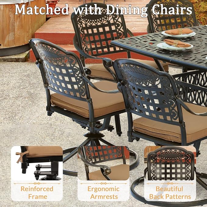 9 Piece Outdoor Patio Dining Set for 8, Cast Aluminium Large Square Dining Table & 4 Swivel Rocker Chairs, 4 Stationary, 8 Cushions, Umbrella Hole, Patio Furniture Set for Garden, Khaki