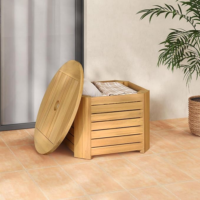 HAPPYGRILL Acacia Wood Outdoor Side Table with Umbrella Hole, Patio End Table with Storage, Removable Base, for Backyard, Balcony, Poolside