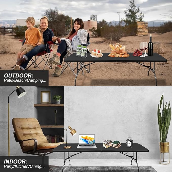 Anwick 8 Foot Folding Table Portable Fold-in-Half Plastic Picnic Table w/Handle and Steel Legs for Indoor, Outdoor, Camping, Party, Garden (Black New, 8ft)
