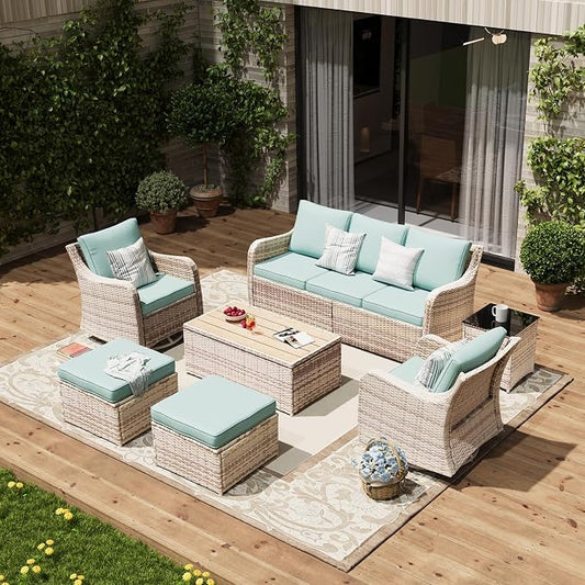MEISSALIVVE 7 Pieces Patio Furniture Set with Swivel Chair, Outdoor Patio Conversation Set, Patio Sectional Furniture Set with 2 Swivel Rocker Patio Chair and Sofa, 2 Ottomans and Coffee Table (Blue)