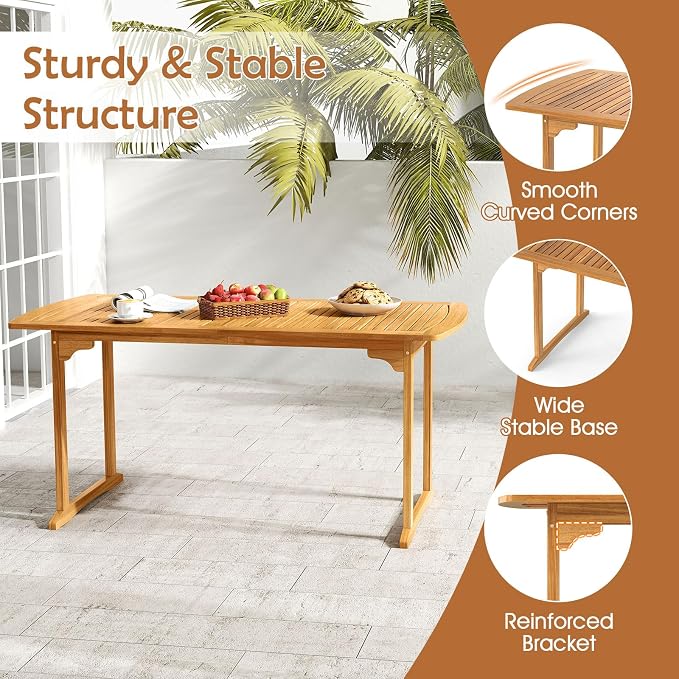 RELAX4LIFE 63’’ Wooden Outdoor Dining Table - Acacia Wood Rectangular Patio Table for 4-6 People w/Umbrella Hole & Slatted Tabletop, Farmhouse Furniture for Pool Backyard Garden Porch (U-Shaped Leg)