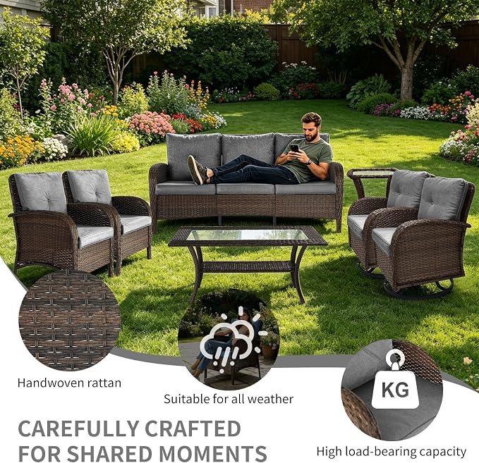 Outdoor Swivel Rocker Patio Chairs (Brown Wicker/Grey Cushion, 7PC/Sofa & Swivel & Chair &2 Table)