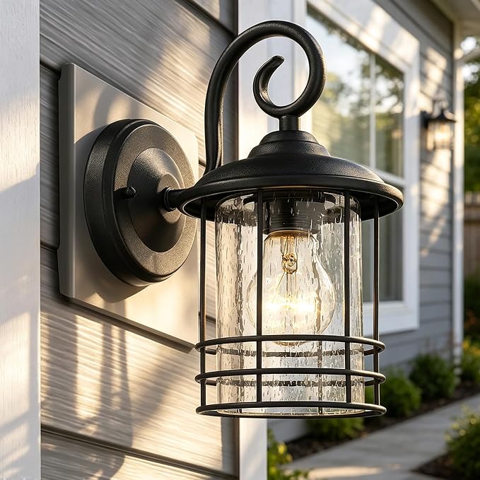 MICSIU Narrow 5.5" Wide Black Single Porch Light, 9.8" H Modern Farmhouse | Seedy Glass Outside Fixture, Vintage Round Outdoor Wall Sconce For Small Sidelight, Front Door, Garage