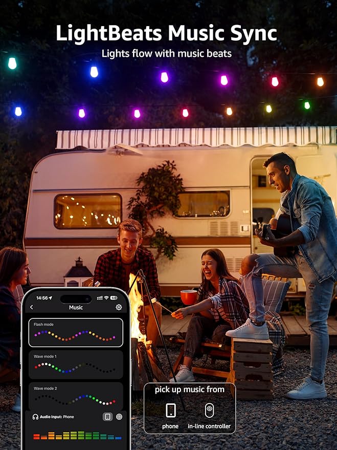 Lepro ZB1 AI Smart Outdoor String Lights, 54(42+12) ft RGB+IC+Warm White Outside Light with 15 Plastic LED Bulbs, Music Sync, Alexa Google Enable, 2.4 GHz WiFi+Bluetooth (APP Control, No Remote)