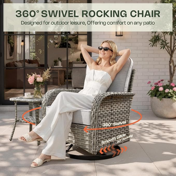 Outdoor Swivel Rocking Chair Set of 2 with Coffee Table, Wicker Patio Glider Chairs with 4 Inch Thick Cushions, 350lbs Capacity High Back Rattan Furniture Set for Sunroom and Small Spaces, Light Gray
