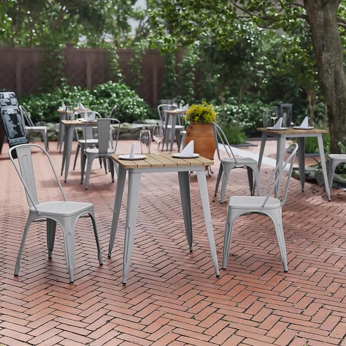 Flash Furniture Declan Commercial Outdoor Dining Table, All Weather Poly Resin Top with Steel Base, 23.75" Square, Brown/Silver