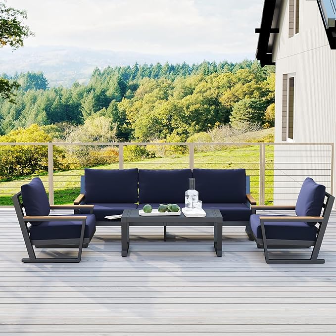 Aug-guan Aluminum Outdoor Sofa,5 Seats Modern Patio Furniture Set,Sectional Sofa Conversation Set with Coffee Table, Upgraded Washable Cushions for Garden Backyard,Blue