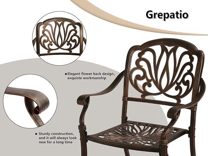 Grepatio 3 Piece All Weather Cast Aluminum Dining Set - 2 Elizabeth Chairs and 35.4" Bistro Table with Umbrella Hole -Outdoor Furniture Dining Set for Patio