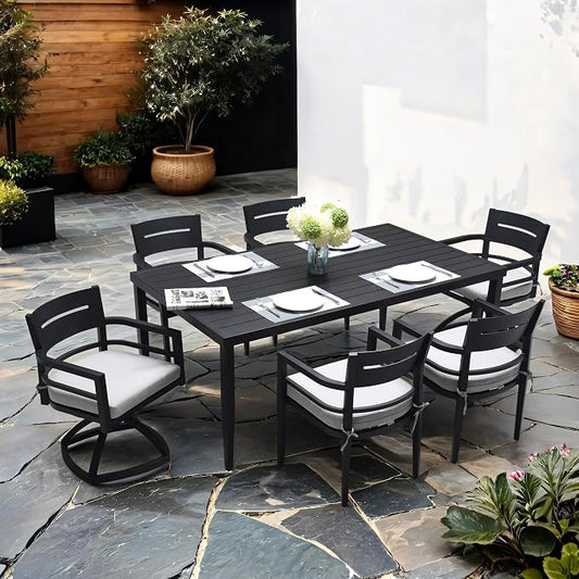 7-Piece Outdoor Patio Aluminum Furniture Set 6-Seat Dining Set with 4 Chairs and 2 Swivel Rockers Rectangle Table with Umbrella Hole Ember Black 70”L x 40”W x 28.7”H