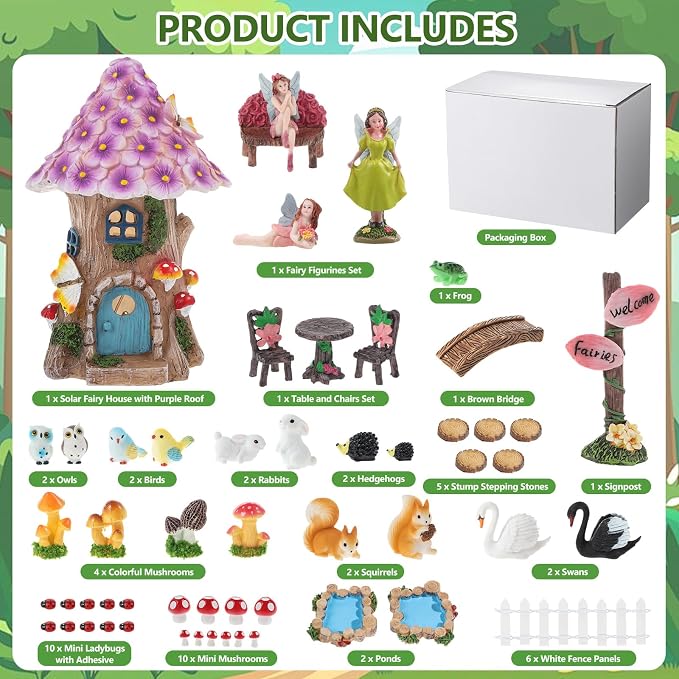 60 Pcs Solar Fairy Garden House Resin Kit | with Lighted Cottage Miniature Fairy Garden Accessories Set for Outdoor Patio Yard Planter Decor DIY Fairy Garden Kit (Fairy)