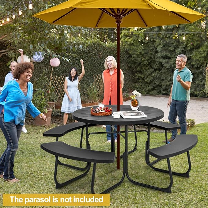 Round Picnic Table for 8 Person, Outside Table Bench Set w/ 4 Built-in Benches, Umbrella Hole, HDPE Top & Metal Frame, 2000LBS Capacity Outdoor Picnic Table for Garden, Porch, Patio (Black)