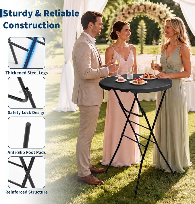 Garvee 32" Folding Cocktail Table, HDPE Round High Top Table with Metal Frame & Locking Legs, Folding Bar Table for Patio Backyard Indoor & Outdoor Events, Black