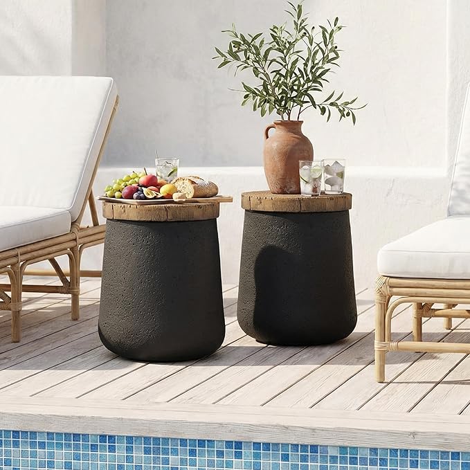 HOMPUS Outdoor Concrete Side Table, Modern Cylinder Pedestal End Table, Home Decor Small Accent Table w Wood Grain Top, Multi-Functional Round MgO Coffee Table, Round Planter Stand for Garden, Black