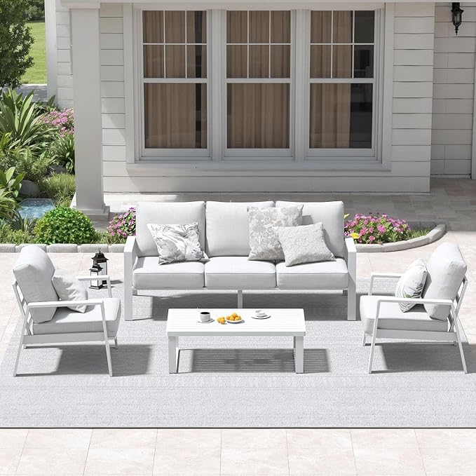 Aluminum Outdoor Patio Coffee Table for Deck and Poolside(White, All-Aluminum)