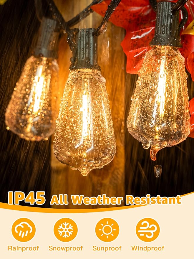 Outdoor String Lights Dimmable with Remote, 50 FT Outdoor Lights with 2 Timer and 3 Modes, Waterproof & Shatterproof Patio Lights, 2200K Energy Saving LED String Lights 2 Spare Bulbs for Patio Yard