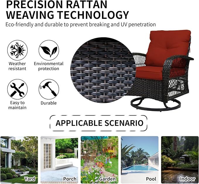 SHGJ&SOFT 3 Piece Patio Furniture Set, 2 Outdoor Swivel Rocking Chairs with Side Table, Wicker Glider Chairs, All-Weather Rattan Bistro Set for Porch, Deck, Pool (Red, Brown Open-Weave Rattan)