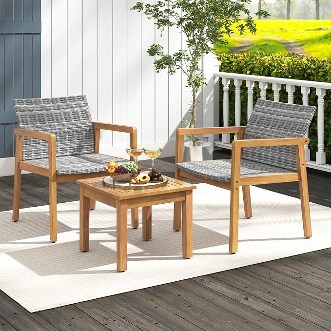 Tangkula 3 Pieces Outdoor Furniture Set, Acacia Wood Frame Sofa Set w/Rattan Seat & Back, Patio Conversation Set w/Coffee Table for Balcony, Poolside, Backyard (Mix Gray)