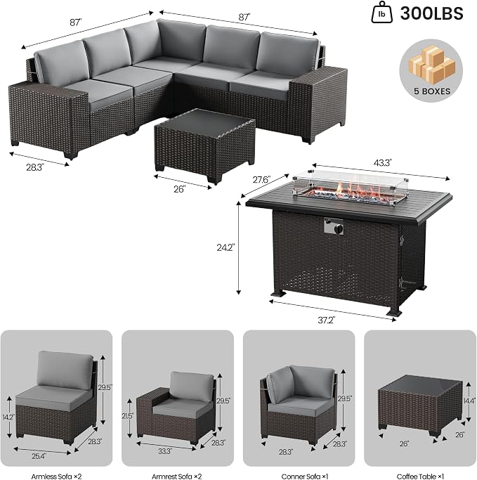 Patio Furniture Set 7 Pieces Outdoor Furniture Patio Conversation Set w/43in Gas Fire Pit,PE Rattan Wicker 7 Pcs Outdoor Sofa Set w/55000 BTU Propane Fire Pit Table,Grey