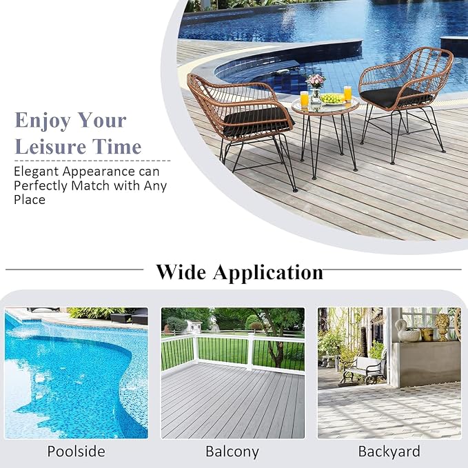 COSTWAY 3 Pieces Patio Bistro Set, Outdoor Rattan Conversation Seating Chair Set with Coffee Table & Soft Cushions, Indoor Wicker Furniture Set for Garden, Balcony, Porch, Pool, Black