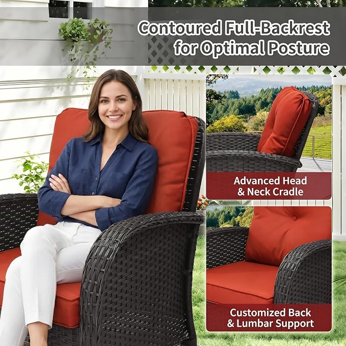 SHGJ&SOFT 3 Piece Patio Furniture Set, 2 Outdoor Swivel Rocking Chairs with Side Table, Wicker Glider Chairs, All-Weather Rattan Bistro Set for Porch, Deck, Pool (Red, Grey Full-Weave Rattan)