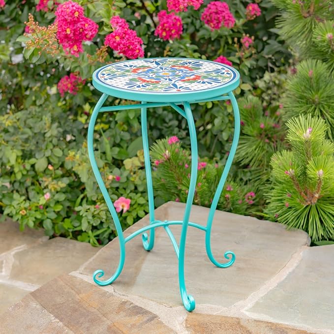 Zaer Ltd. Mosaic Tile Furniture with Teal Metal Frame and Patterned Tile Tops (Baton Rouge - Teal/Blue/Green, Pedestal Plant Stand)