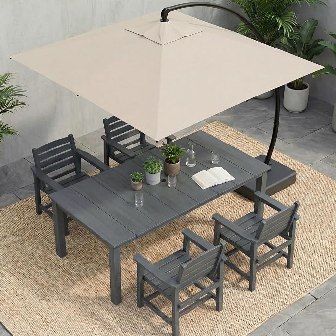 5-Piece Outdoor Dining Set, 10x10FT Cantilever Umbrella for 4,Gray | HDPE table, chairs included, aluminum frame, weather-resistant furniture, perfect for yard, lawn, garden, deck