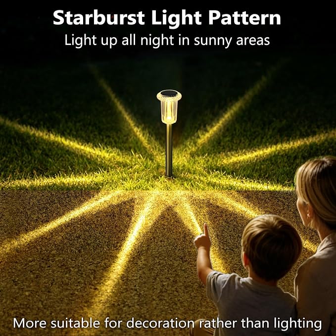 DenicMic 10 Pack Solar Pathway Lights Outdoor Waterproof Warm White LED | Stainless Steel Stake Lights for Yard Garden Decor for Outside Patio Lawn Auto On/Off 3000K Crystal-like Acrylic Lampshade