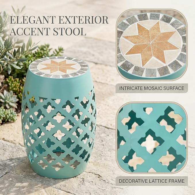 Light Turquoise 18" Patio Round Side Table, Ceramic Mosaic Tile Top Garden Stool with Decorative Lattice Design, Metal Outdoor End Table for Balcony, Porch, Yard, Plant Stand, 175lbs Capacity