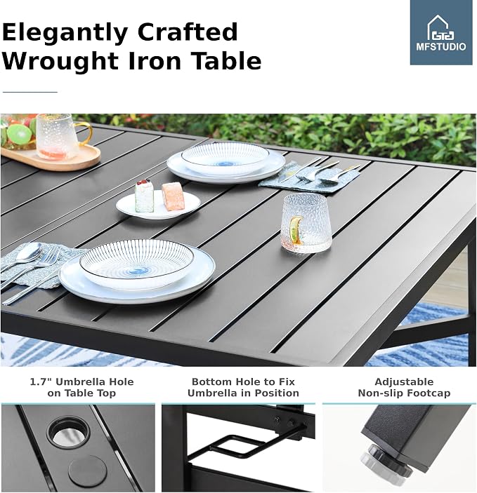 MFSTUDIO Patio Dining Set for 8, Black Metal Outdoor Table and Chairs Set with Umbrella Hole, 9 Piece Wrought Iron Patio Furniture Dining Set for Deck Backyard Garden