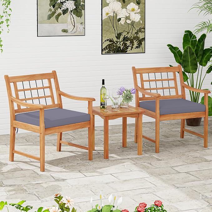 HAPPYGRILL 3 Piece Acacia Wood Patio Conversation Set, Outdoor Bistro Set with Cushions, Solid Wood Frame, 2 Armchairs & Coffee Table Set for Backyard, Porch, Poolside (Gray)