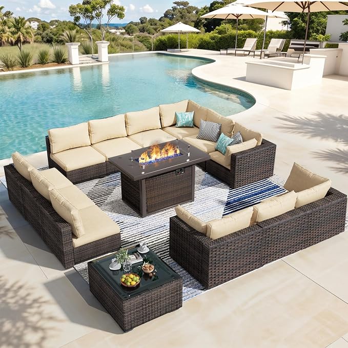 Patio Furniture Set 14 Pieces with 44" Fire Pit Table, Rattan Outdoor Sectional Conversation Sets, All Weather Outdoor Furniture Set with Cushions for Garden Lawn Balcony Porch Deck Beige