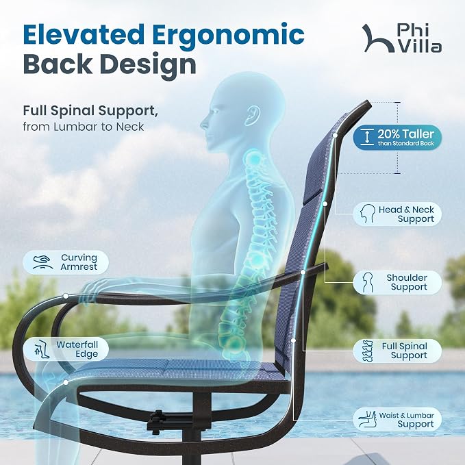 PHI VILLA Patio Dining Set for 4, Round Table w/Padded Swivel Chairs, Blue | All-weather E-coating metal frame with padded textilene seating. Designed for outdoor dining, deck, lawn, garden