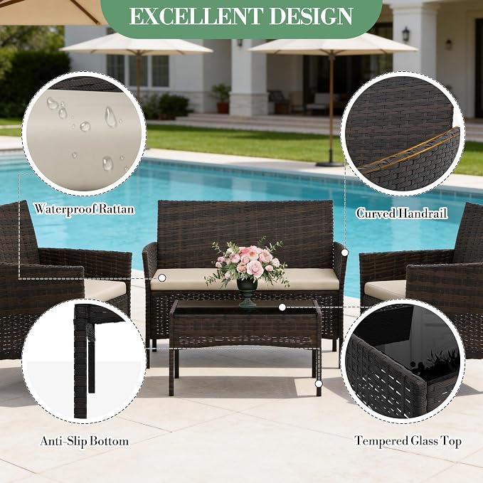4 Piece Patio Furniture Set, Outdoor Deck Rattan Chair Wicker Combo Furniture, All Weather Dialogue Rattan Sofa with Upholstery and Glass Table for Garden, Backyard, Porch, Lawn, Pool, Brown+White