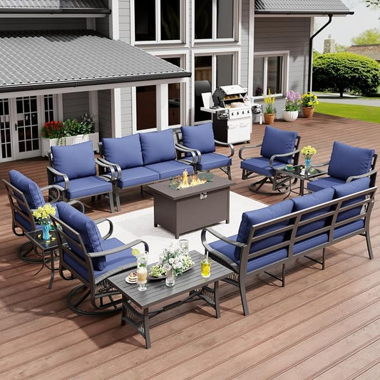 12 Piece Patio Furniture Set, All Weather Metal Outdoor Conversation Set with 50000 BTU Propane Fire Pit Table and 5" Thick Cushions, Sectional Sofa for Garden, Porch, Lawn, Blue
