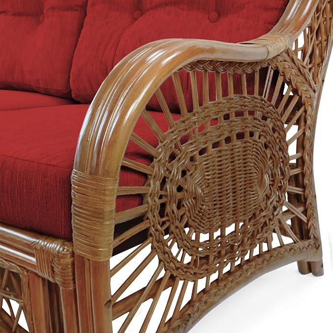 Malibu Lounge Set of 4: 2 Natural Rattan Wicker Chairs, Three-Seater Sofa with Cushions and Coffee Table with Glass Handmade, Colonial Color