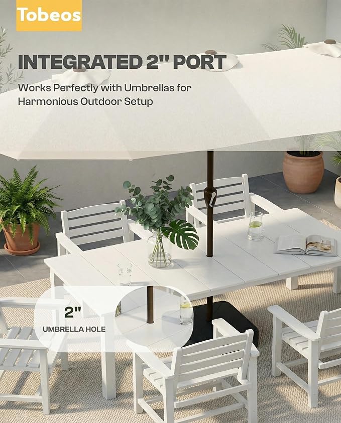 7-Pc Outdoor Dining Set, 10x10FT Cantilever Umbrella for 6,White | HDPE table, chairs included, aluminum frame, weather-resistant furniture, perfect for yard, lawn, garden, deck
