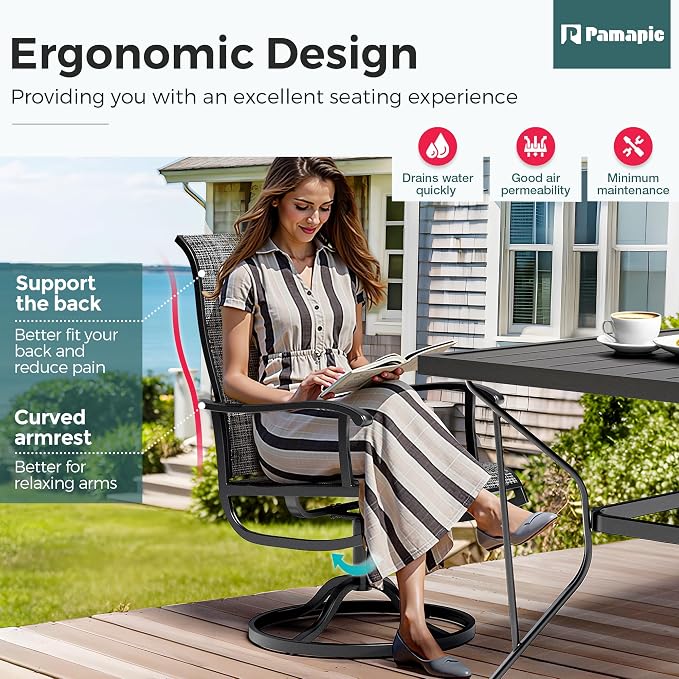 7-Piece Outdoor Dining Set, Patio Furniture Set with 2 Textilene Swivel Chairs & 4 Regular Chairs,Patio Dining Set with 1 Rectangular Table for Garden, Backyard, Poolside, Deck, Charcoal