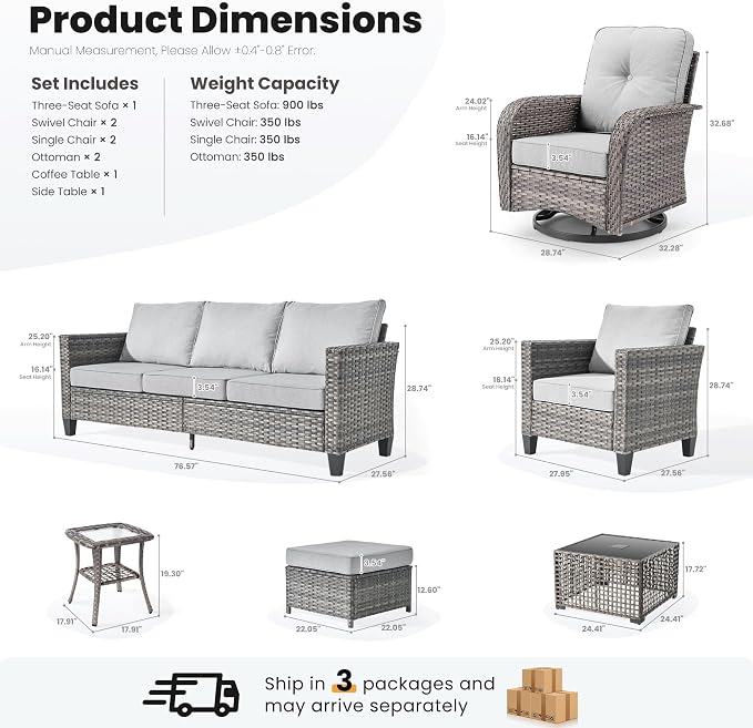 ovios 9 Pieces Patio Furniture Set, Outdoor Wicker Sofa Couch with Swivel Glider Chairs Solar Lights Table, Modern Deep Seat Rattan Conversation Sets for Deck Porch, Grey