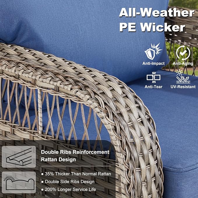 9 PCS Patio Furniture Set Outdoor Sectional Sofa Couch with Rocking Swivel Chairs 5" Deep Seat Chairs, Modern Wicker Rattan Conversation Set, Blue/Gray Wicker