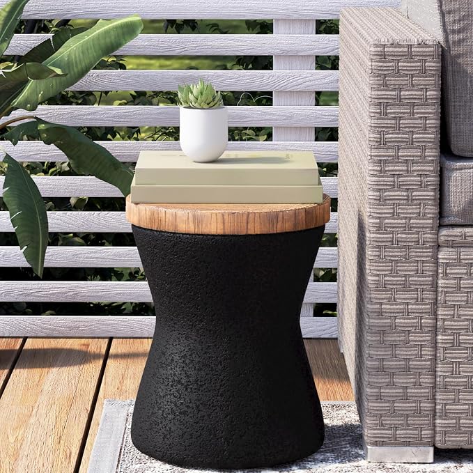 COSIEST Outdoor End Table, Drum Side Table Faux-Wood Top, Black Base with Tree Trunk Slice Hand Painted, Accent Stool, Plant Stand (Hourglass)