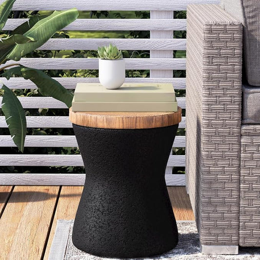 COSIEST Outdoor End Table, Drum Side Table Faux-Wood Top, Black Base with Tree Trunk Slice Hand Painted, Accent Stool, Plant Stand (Hourglass)