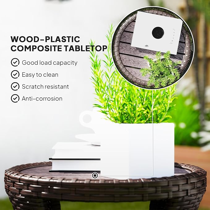 Outsunny 18" Outdoor Wicker Coffee Table, 2-Tier Patio Side Table with Storage, PE Rattan End Table with Composite Wood Top, Steel Frame for Garden Backyard Balcony, Mixed Brown