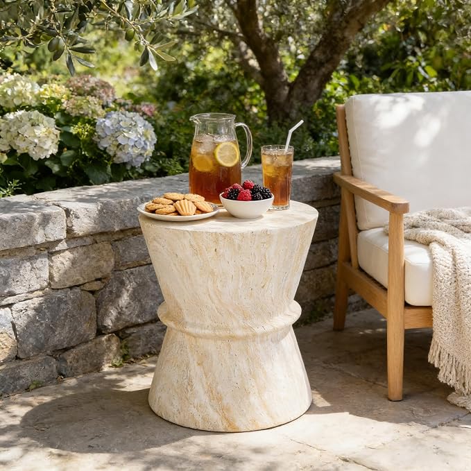Merax Hourglass Shape Outdoor Side Table, Concrete Contemporary Lightweight Accent Table with Simulated Stone Texture, Outdoor Accent End Table for Livingroom, Garden, Beige+Yellow