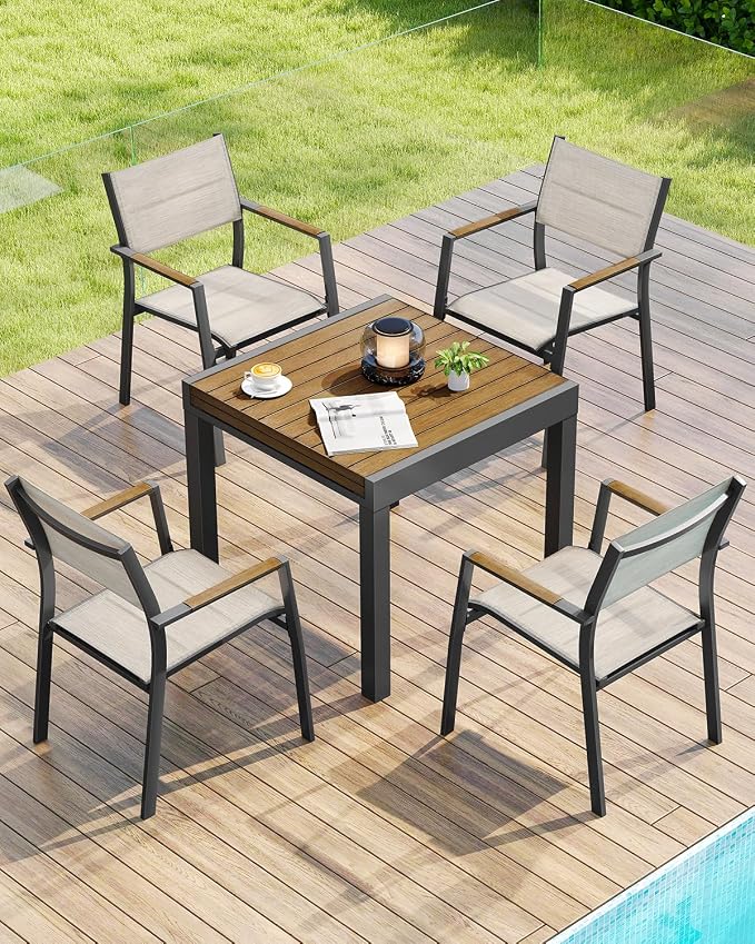 Expandable Patio Dining Table, Never-Rust Aluminum Extendable Outdoor Dining Table for 4-6 Person, 32"-65" Adjustable Indoor Outdoor Expandable Patio Table for Garden, Porch, Deck, Teak