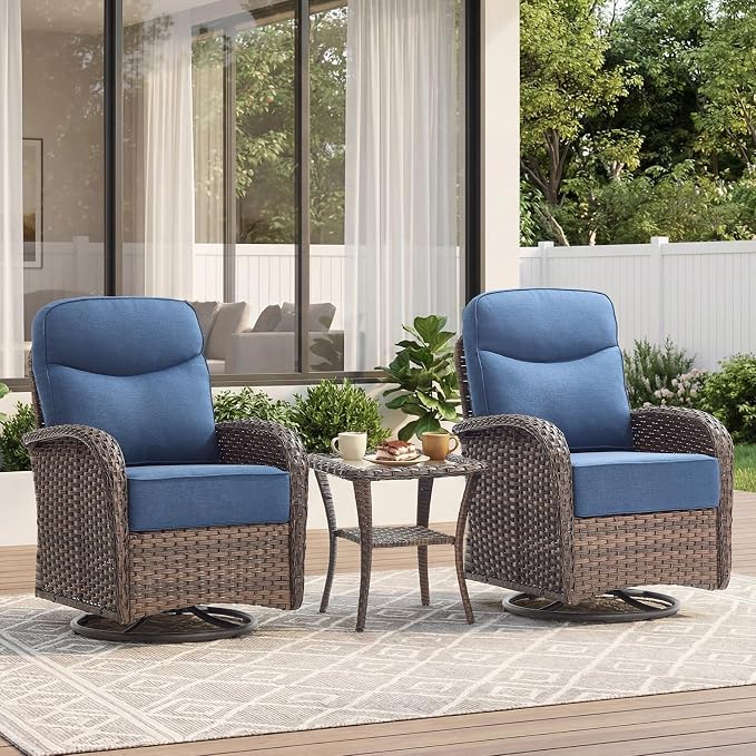 Outdoor Swivel Rocking Chair Patio Set (3-Piece), High-Back - Thick Cushion Swivel Rocking Chair Patio Set, All-Weather Wicker Patio Furniture Set, Suitable for Balcony Patios, Brown/Blue