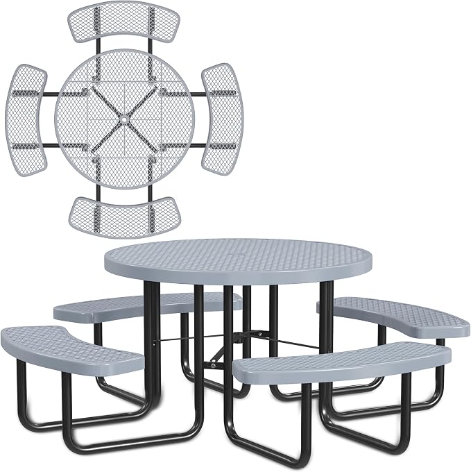 Leisure Craft Metal Picnic Table with Bench - 46" Round Outdoor Dining Table for 8 with Umbrella Hole, Weatherproof Heavy Duty Thermoplastic Coating, Commercial Grade Furniture Made in USA - Gray