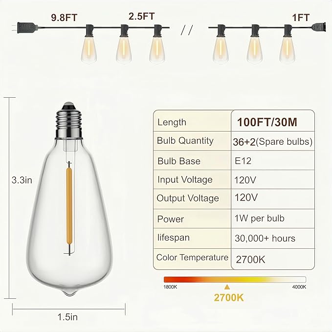100FT Outdoor String Lights, Waterproof Patio Lights with Clear Shatterproof Plastic ST38 Vintage Edison Bulbs, Connectable Outside Hanging Lights for Backyard, Porch, Deck, Balcony, Garden, 2700K